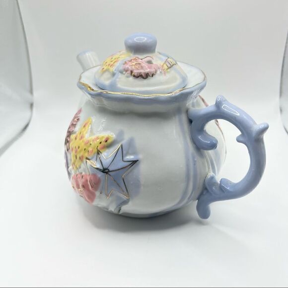 Seashell Ceramic Teapot Pastel Colors and Gold Accents - Picture 7 of 12